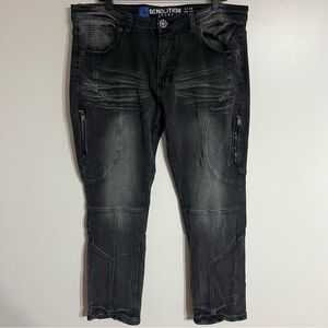 Men’s Demolition Black Jeans With Zip Side Pockets & Whiskering Size 38 90’s Y2K